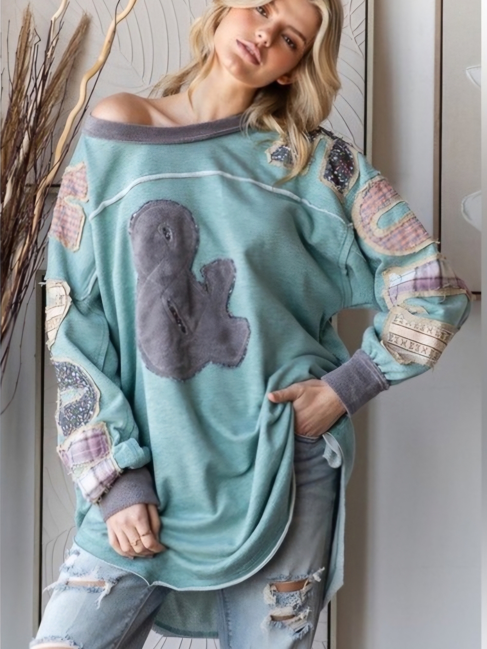 Oli & Hali Patchwork Rock & Roll Teal Crewneck Sweater
